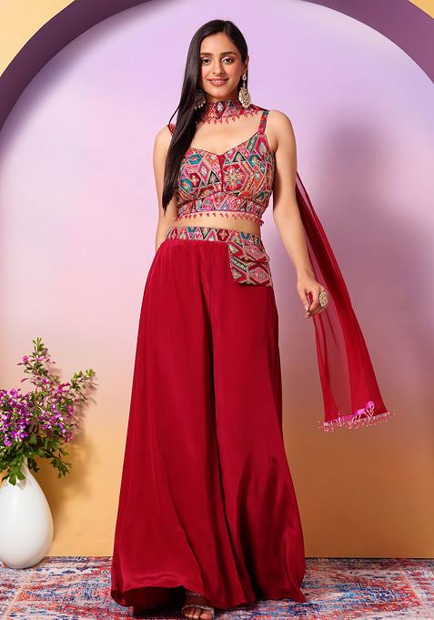 Berry Pink Sharara Set With Multicolour Zari Embroidered Blouse And Dupatta