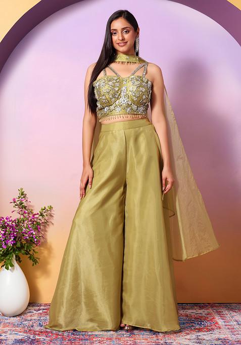 Light Green Palazzo Set With Hand Embroidered Blouse And Choker Dupatta