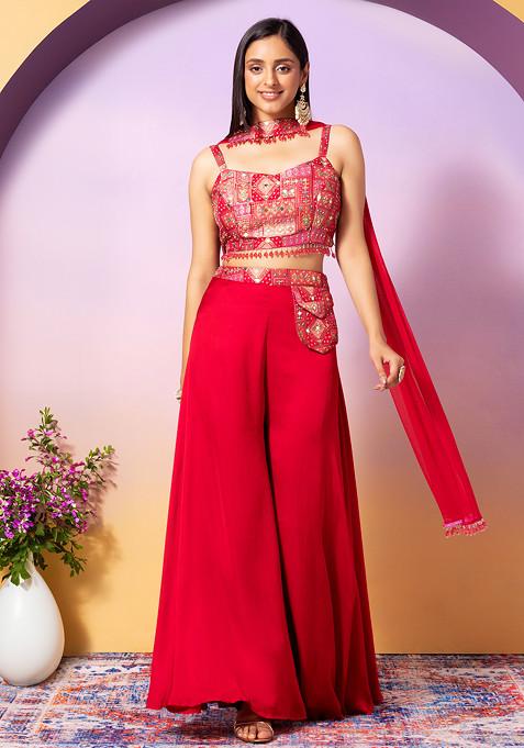 Pink Palazzo Set With Abstract Embroidered Blouse And Choker Dupatta
