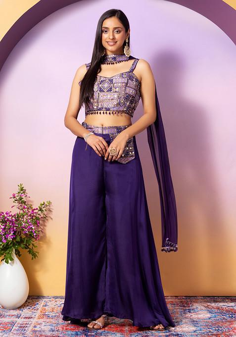 Purple Palazzo Set With Abstract Embroidered Blouse And Choker Dupatta