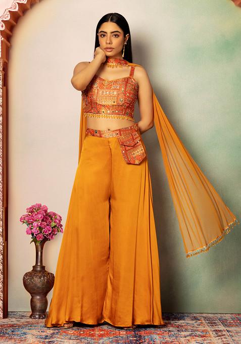Mustard Palazzo Set With Abstract Embroidered Blouse And Choker Dupatta