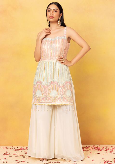 Ivory Embroidered Chiffon Silk Sharara Style Kurta Suit Set