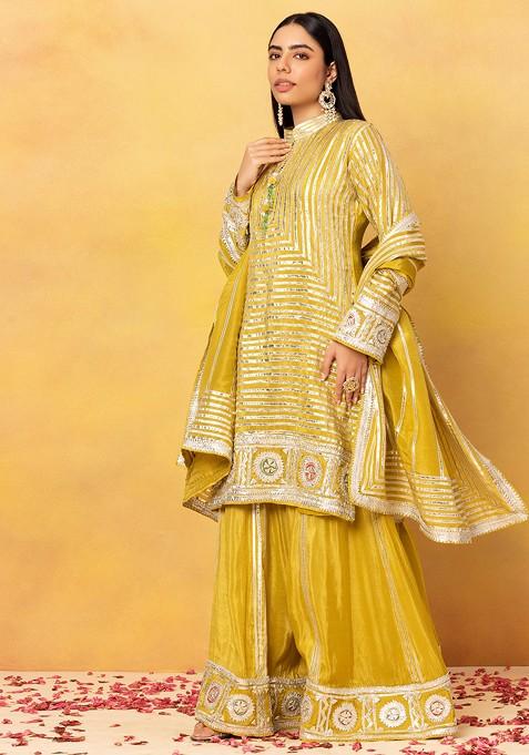 Pastel Indie Print Gota Embellishment Kurta Sharara Set