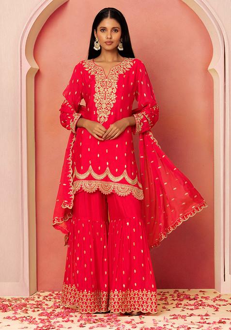 Fuchsia Pink Zari Embroidered Sharara Set With Embellished Kurta And Dupatta