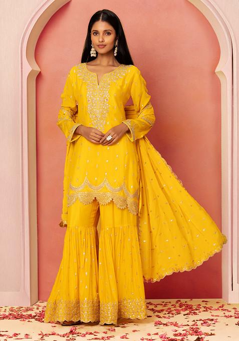 Yellow Zari Embroidered Silk Sharara Set With Embellished Kurta And Dupatta
