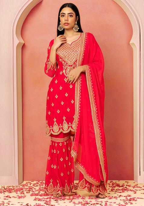 Hot Pink Zari Embroidered Sharara Set With Embellished Kurta And Dupatta