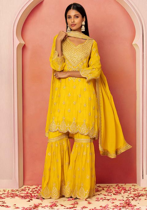 Yellow Zari Embroidered Sharara Set With Embellished Kurta And Dupatta