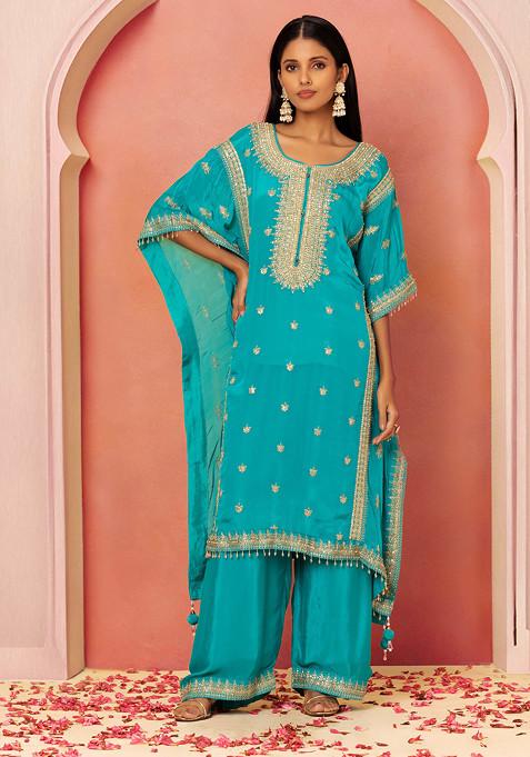 Turquoise Zari Embroidered Kaftan Kurta Set With Pants