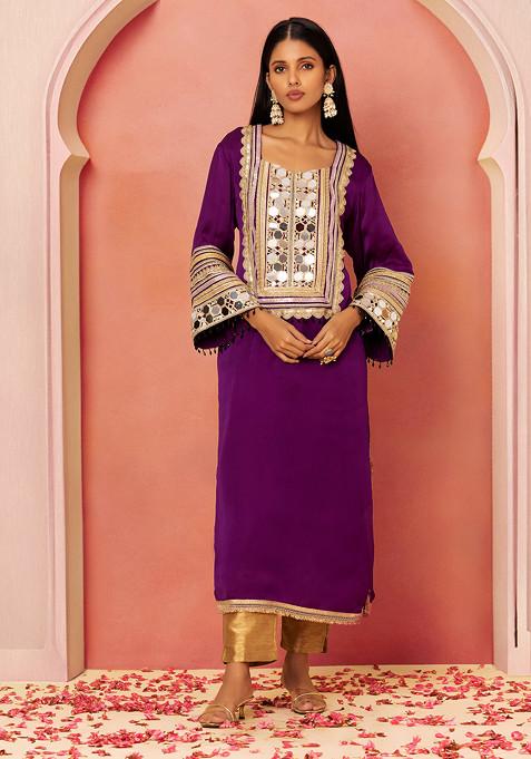 Purple Zari And Mirror Embroidered Kurta Set With Pants