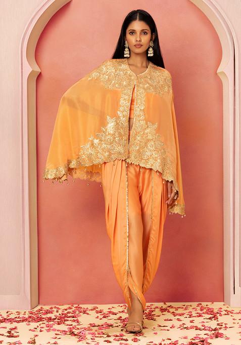 Peach Sequin Embroidered Organza Jacket Set With Blouse And Dhoti Pants