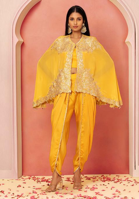 Pale Yellow Sequin Embroidered Organza Jacket Set With Blouse And Dhoti Pants
