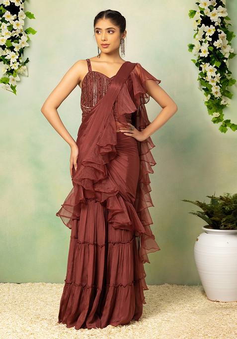 Rust Sharara Set With Sequin Embellished Blouse And Attached Drape