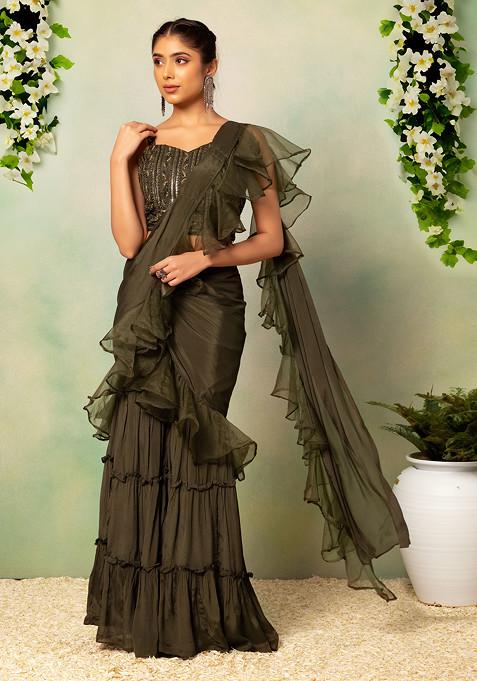 Fern Green Pre-Stitched Saree Set With Sequin Embellished Blouse