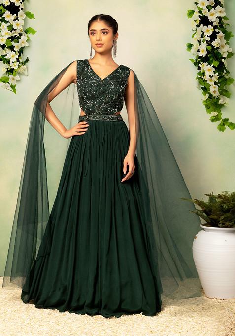 Deep Green Pearl Embellished Side Cut Out Gown