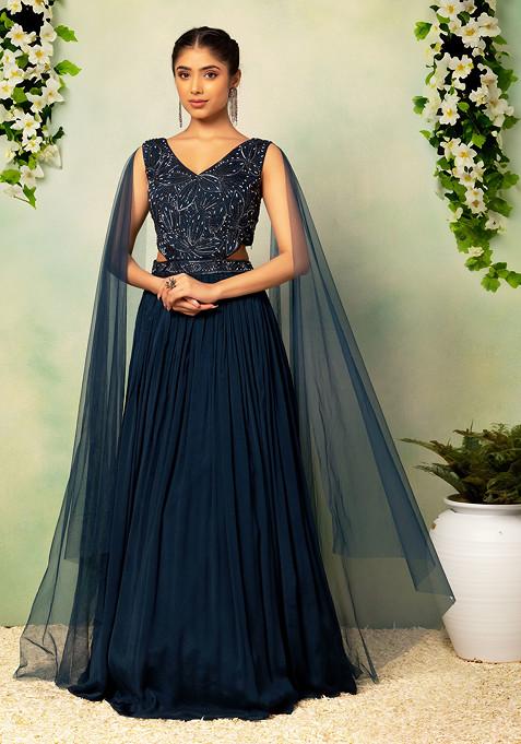 Navy Blue Pearl Embellished Side Cut Out Gown