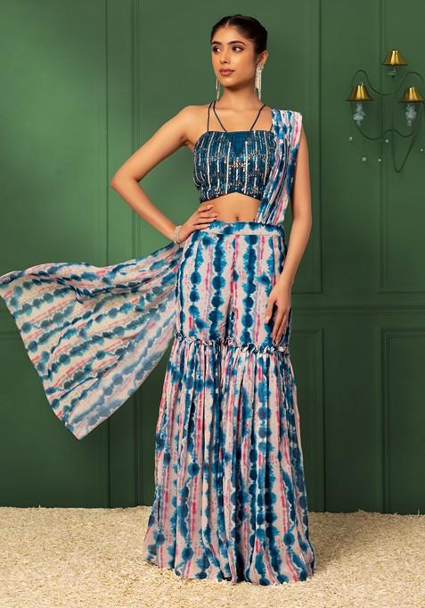 Blue Ikat Print Draped Sharara Set With Sequin Embellished Blouse