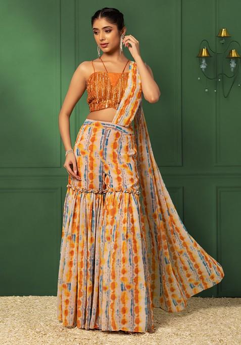 Orange Ikat Print Draped Sharara Set With Sequin Embellished Blouse