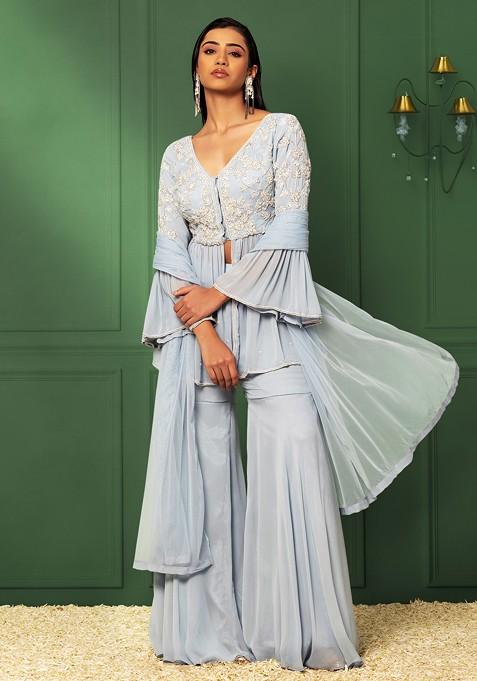 Blue Sharara Set With Pearl Embellished Kurta And Mesh Dupatta