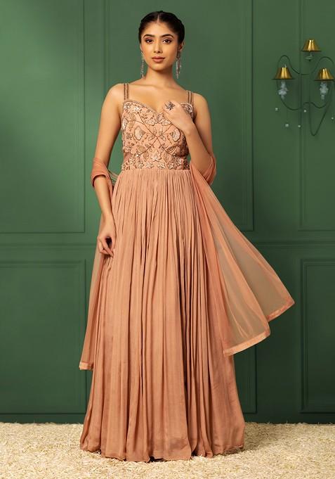 Peach Floral Sequin Embellished Anarkali Gown With Mesh Dupatta
