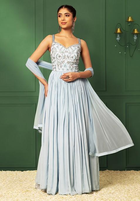 Powder Blue Floral Sequin Embellished Anarkali Gown With Mesh Dupatta