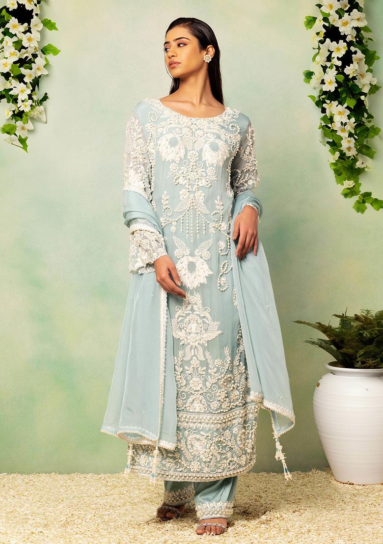 Women Green Printed Straight Kurti with Skirt and Organza Dupatta