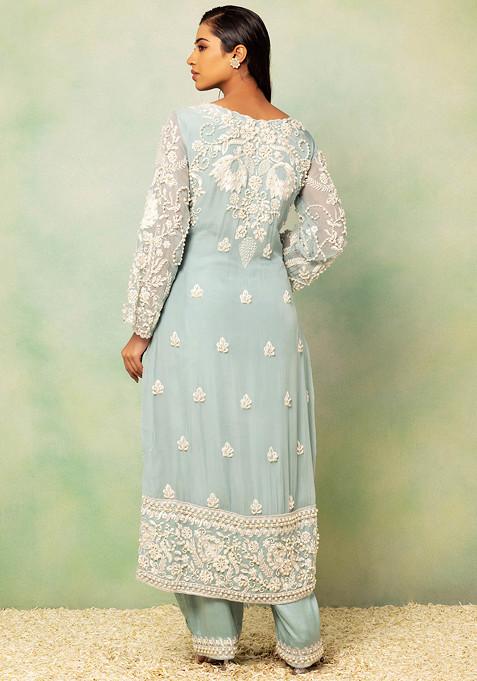 Women Green Organza-1 Pakistani Sequined Embroidered Kurta with pant & Dupatta