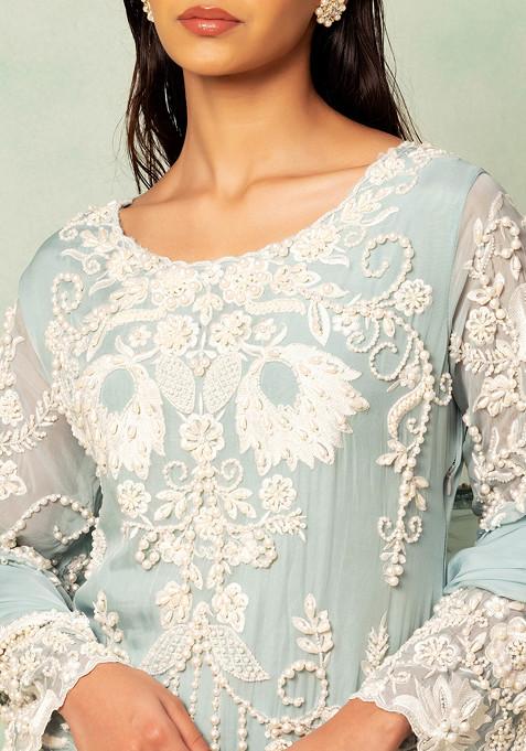 Women Sage Green Printed Gathered Kurta With Plazo & Dupatta