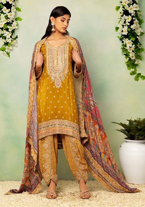 Yellow Mirror Embroidered Kurta Set With Pants And Dupatta