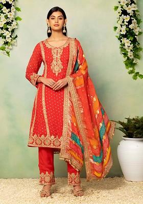 Red Dori Work Kurta Set With Pants And Bandhani Print Dupatta