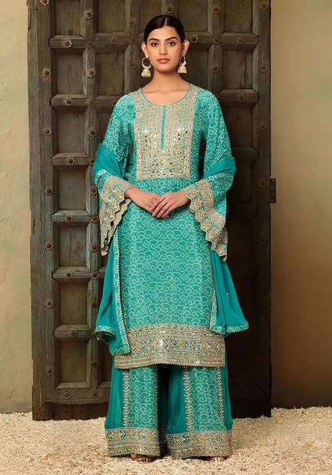 Turquoise Mirror Zari Embroidered Kurta Set With Sharara And Dupatta