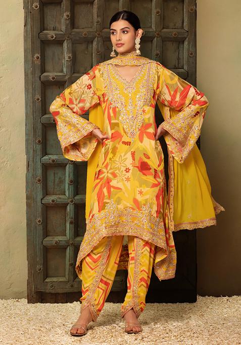 Mustard Floral Print Sequin Embroidered Kurta Set With Tulip Pants And Dupatta