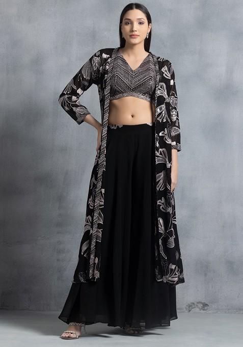 Black Floral Embroidered Jacket Set With Zari Embroidered Blouse And Palazzo
