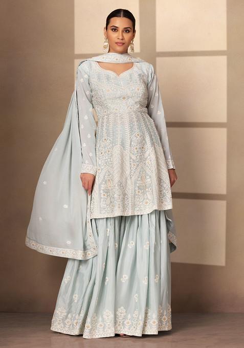 Powder Blue Floral Embroidered Sharara Set With Kurta And Embroidered Dupatta