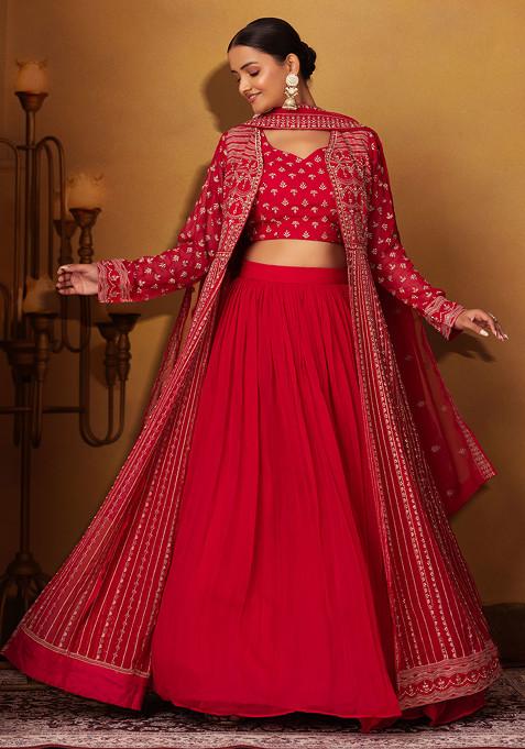Rani Pink Lehenga And Embellished Blouse Set With Dupatta And Jacket