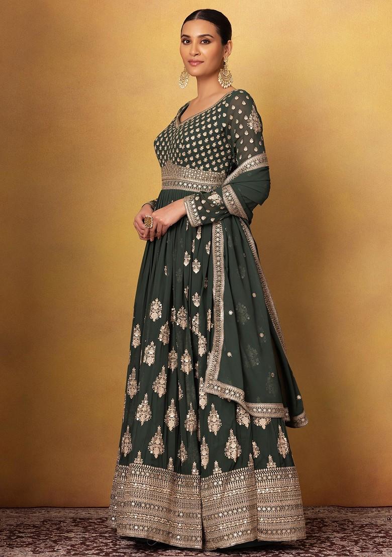 Deep Green Sequin Embellished Anarkali Gown With Dupatta - Indya