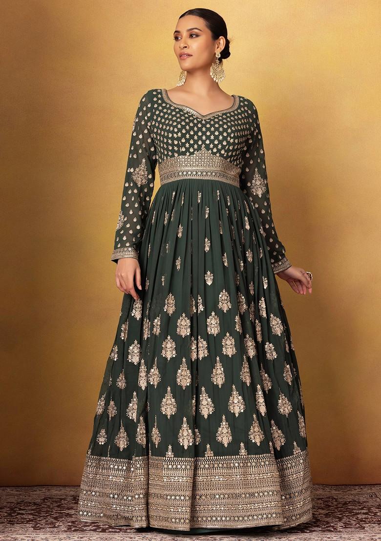 Deep Green Sequin Embellished Anarkali Gown With Dupatta - Indya