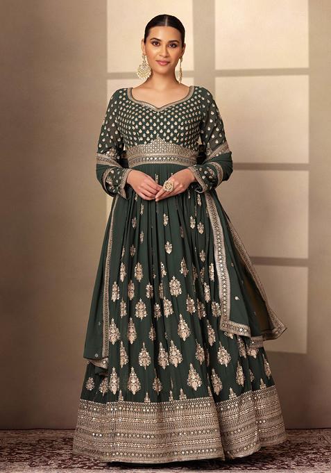 Deep Green Sequin Embellished Anarkali Gown With Dupatta