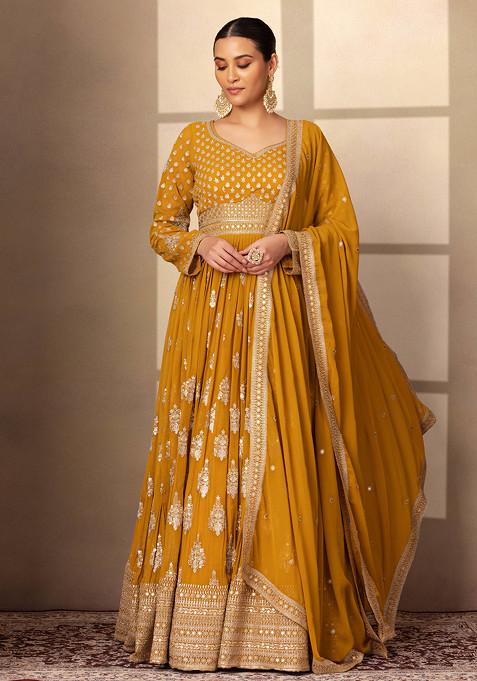 Mustard Floral Sequin Embellished Anarkali Gown With Dupatta