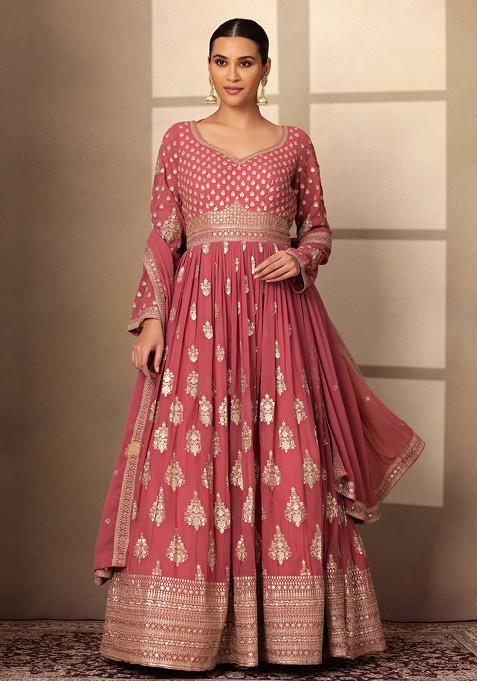 Pink Floral Sequin Embellished Anarkali Gown With Dupatta