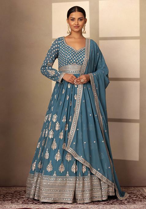 Turquoise Floral Sequin Embellished Anarkali Gown With Dupatta