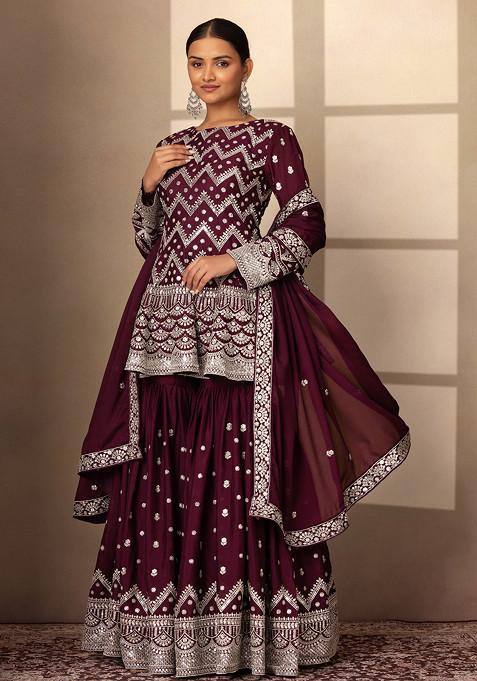 Purple Sharara Set With Geometric Embellished Short Kurta And Dupatta