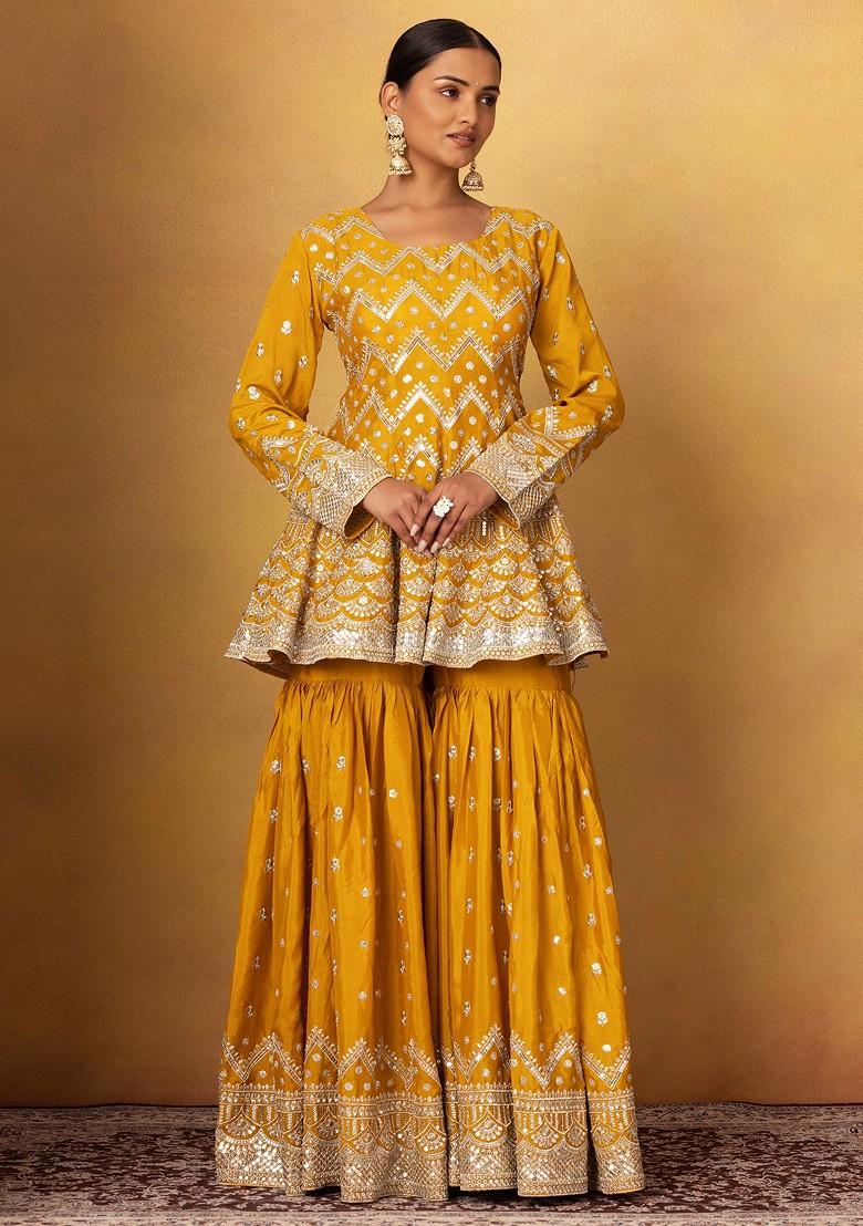 Mustard Sharara Set With Geometric Embellished Short Kurta And Dupatta - Indya