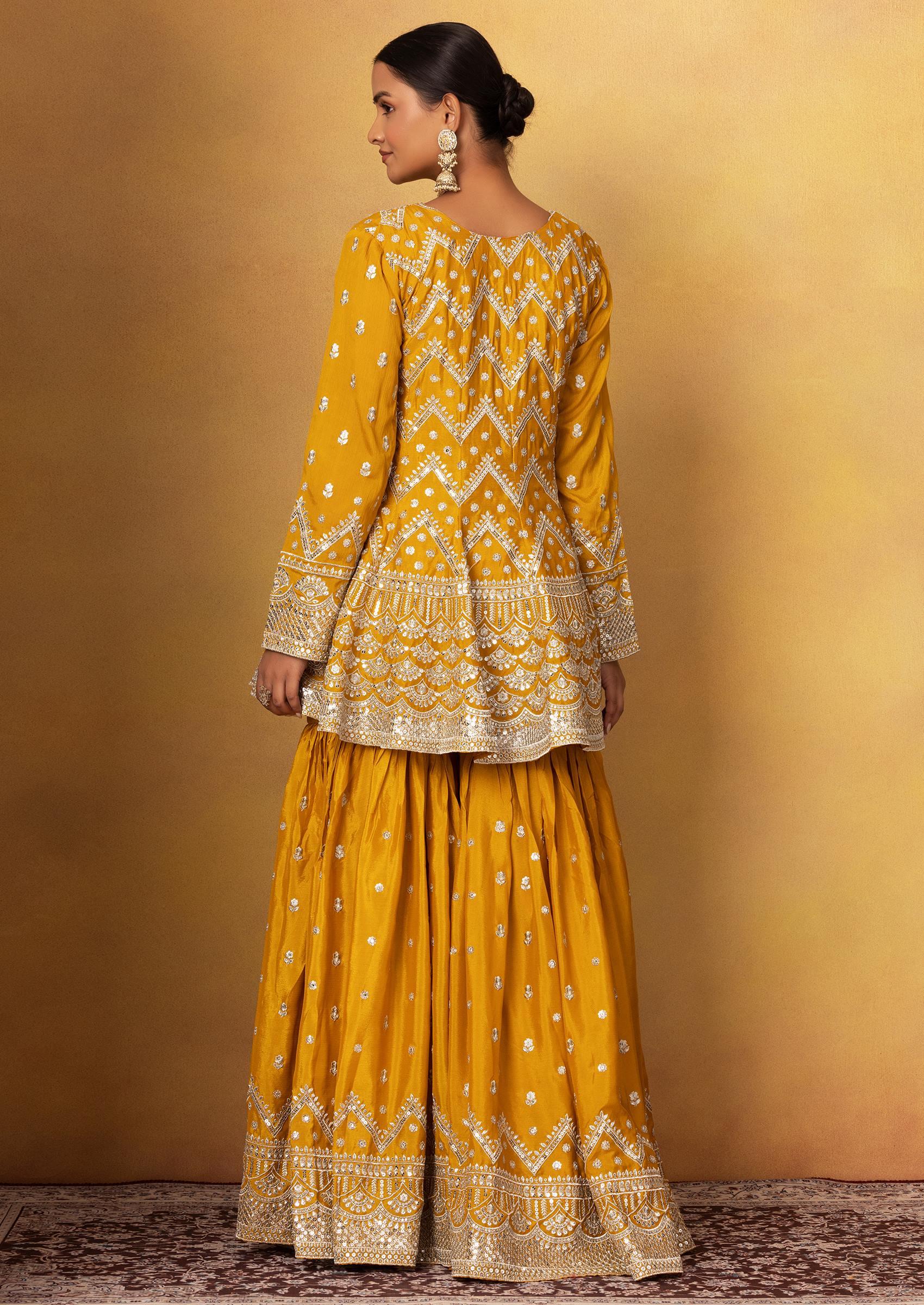 Mustard Sharara Set With Geometric Embellished Short Kurta And Dupatta - Indya