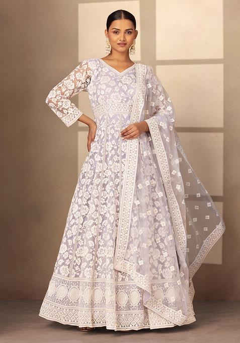Lavender Tonal Floral Embroidered Mesh Anarkali Gown With Dupatta