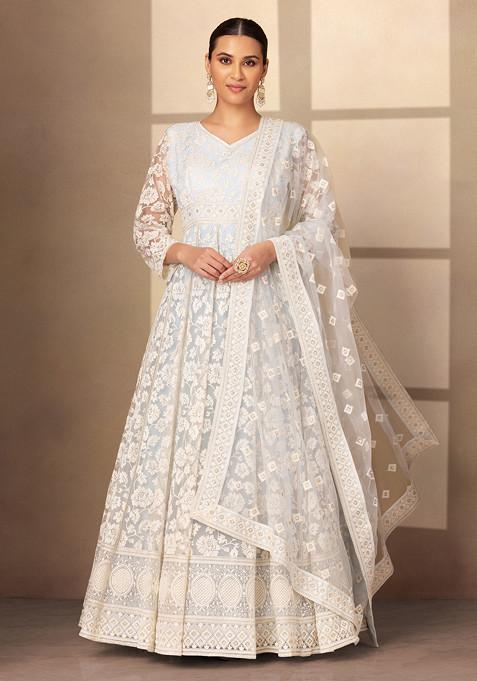 Powder Blue Tonal Floral Embroidered Mesh Anarkali Gown With Dupatta