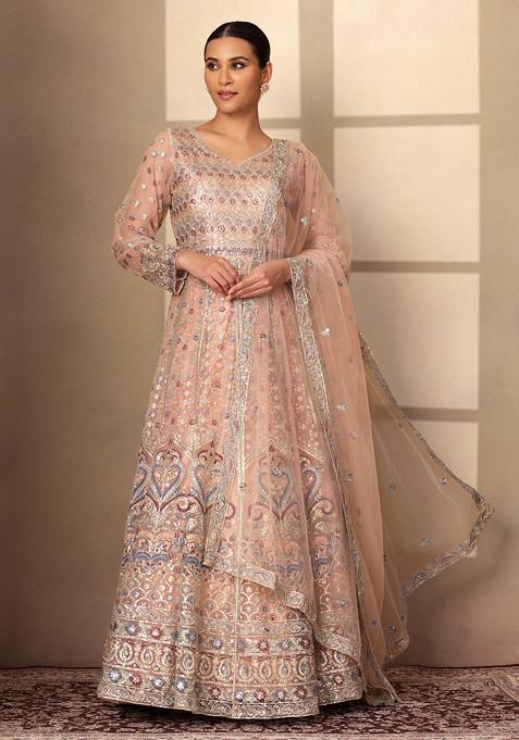 Pastel Pink Multicolour Thread Embellished Anarkali Gown With Dupatta