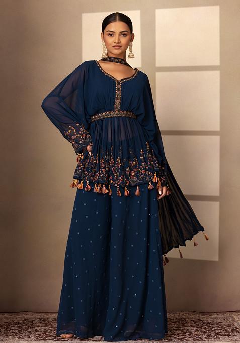 Teal Blue Sharara Set With Floral Embroidered Short Kurta And Choker Dupatta
