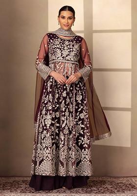 Dark Purple Sharara Set With Floral Embellished Kurta And Embroidered Dupatta