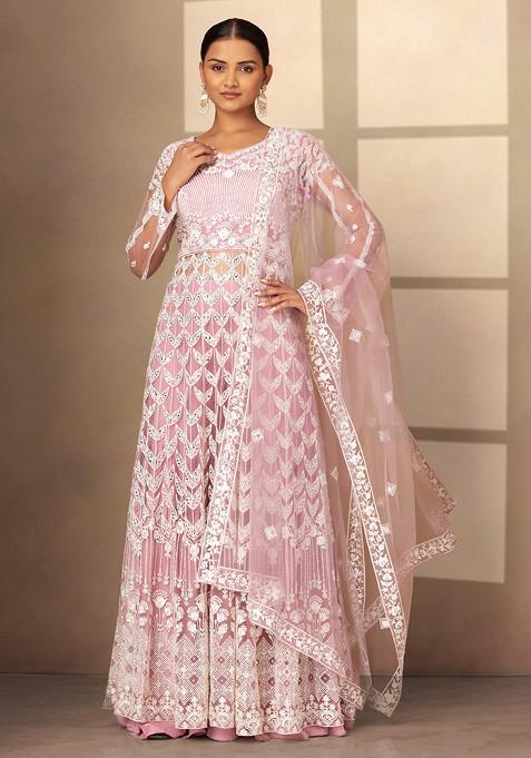 Dull Pink Sharara Set With Floral Embellished Kurta And Embroidered Dupatta