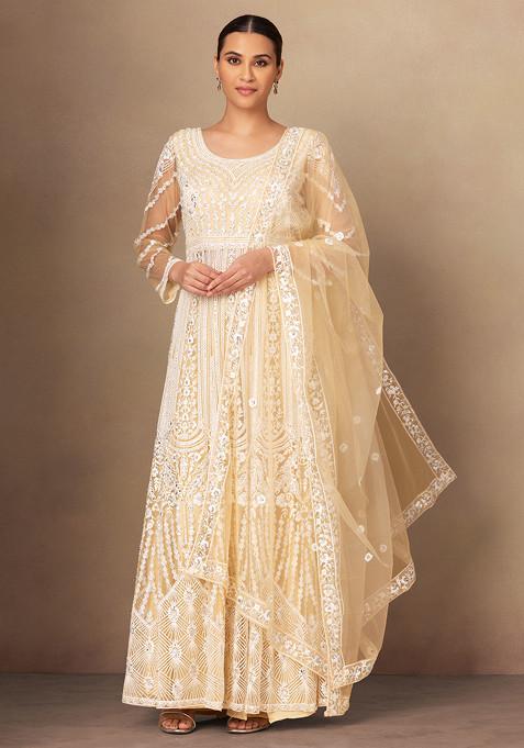 Light Yellow Sharara Set With Floral Embellished Kurta And Embroidered Dupatta